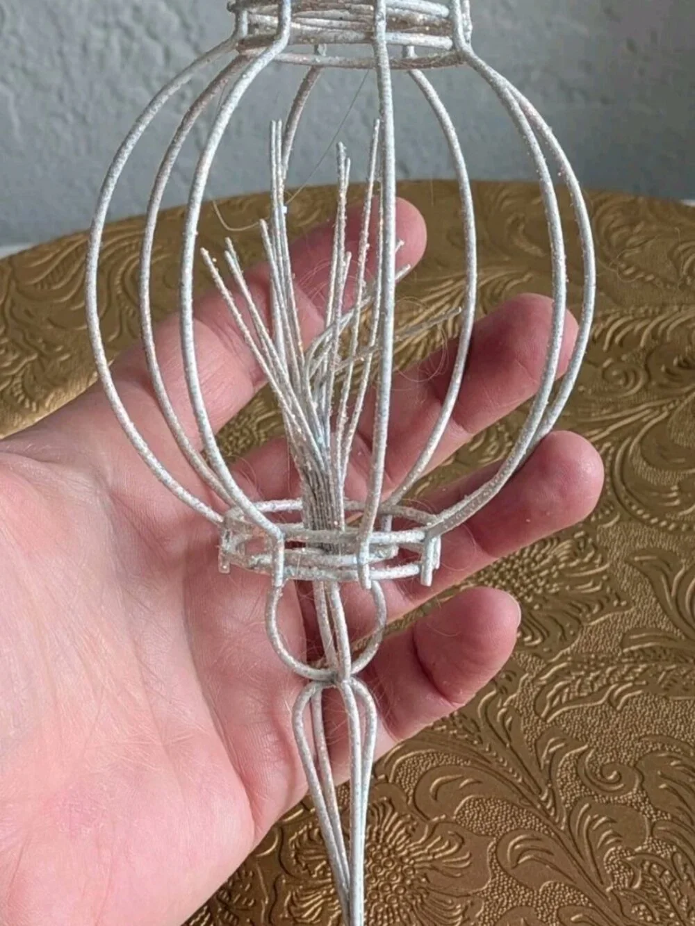 7 Vtg Wire Cage Finial Christmas Ornaments W/ Glitter And Textured Metal